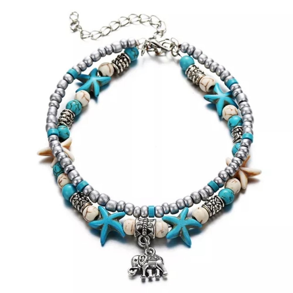 New Bohemian Double Layered Elephant Charm Starfish Vintage Ankle Bracelet